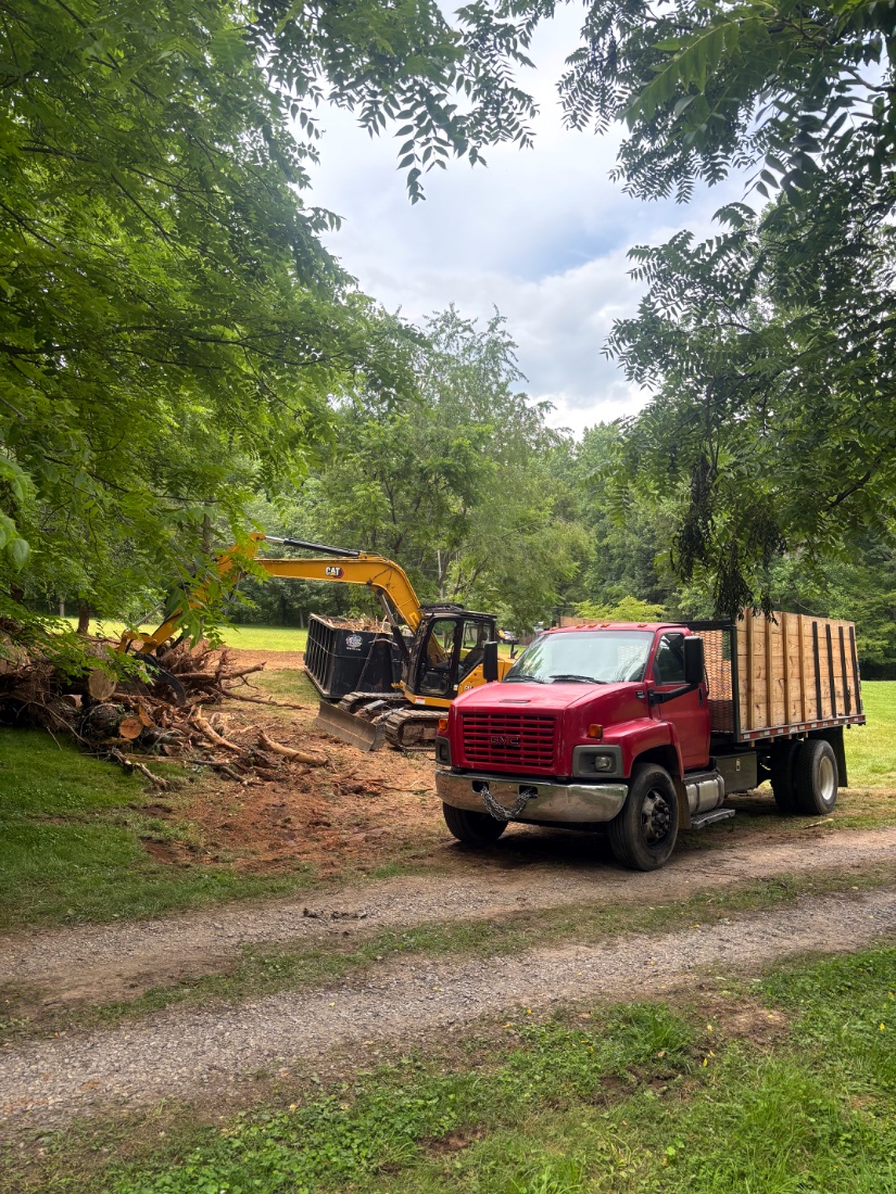 Dump truck and excavator on a red-clay land-clearing job near Asheville