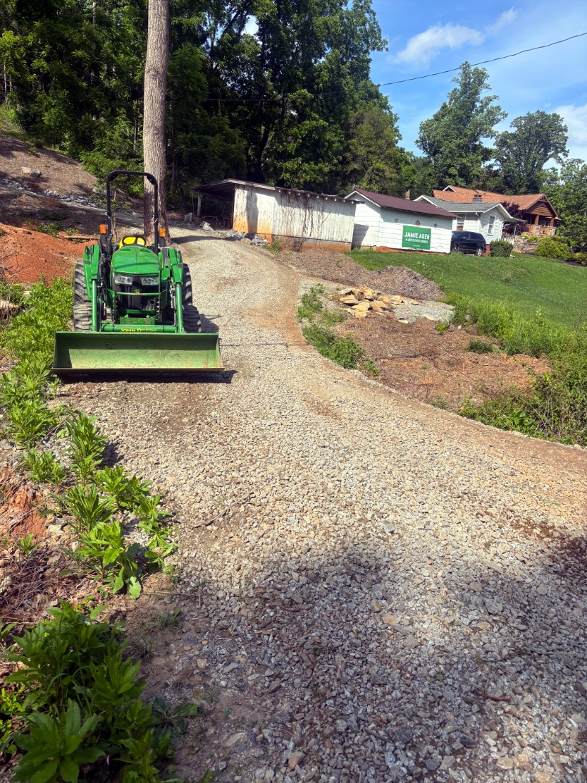 Tractor box-blading a new gravel driveway in Western North Carolina